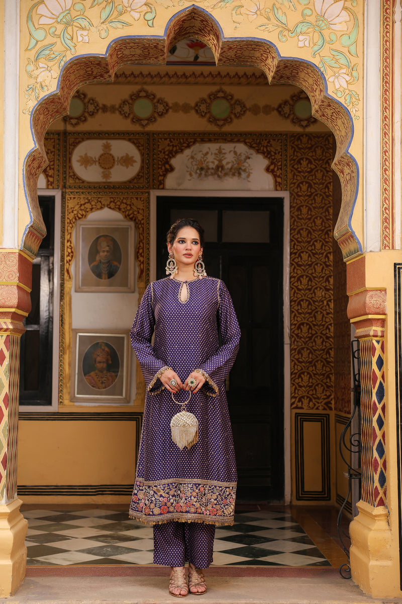 Ahista Purple Printed Mayur Applique Long Kurta Set silk tencel kurta/kurta set by Niti Bothra in purple for women Worldwide