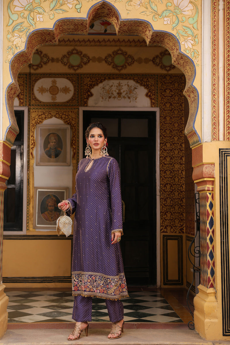 Ahista Purple Printed Mayur Applique Long Kurta Set silk tencel kurta/kurta set by Niti Bothra in purple for women Worldwide
