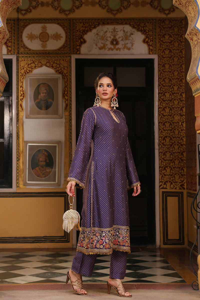 Ahista Purple Printed Mayur Applique Long Kurta Set silk tencel kurta/kurta set by Niti Bothra in purple for women Worldwide