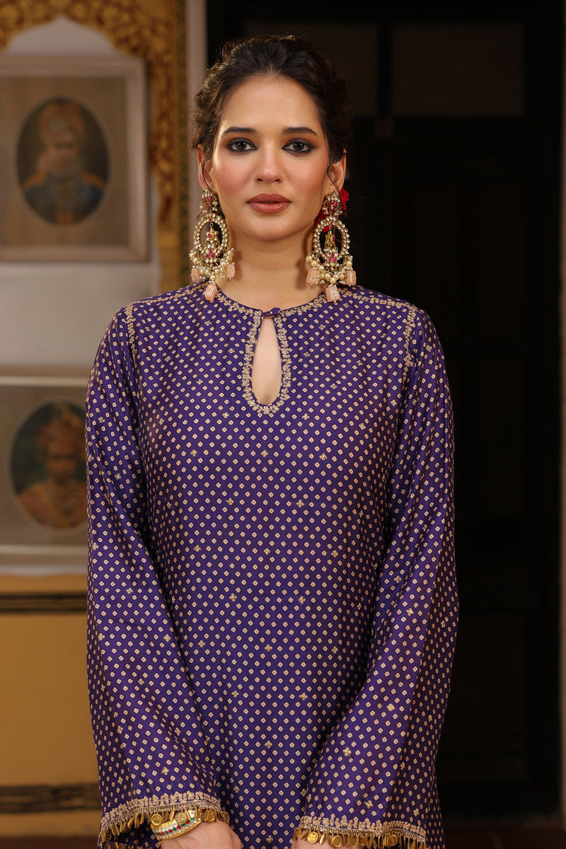 Ahista Purple Printed Mayur Applique Long Kurta Set silk tencel kurta/kurta set by Niti Bothra in purple for women Worldwide