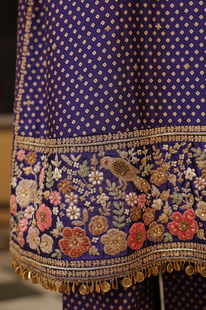 Ahista Purple Printed Mayur Applique Long Kurta Set silk tencel kurta/kurta set by Niti Bothra in purple for women Worldwide
