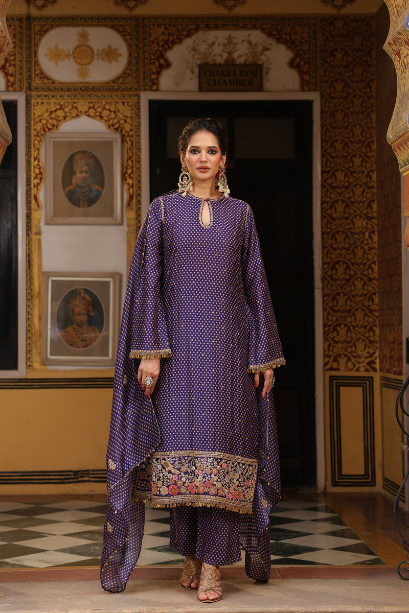 Ahista Purple Printed Mayur Applique Long Kurta Set silk tencel kurta/kurta set by Niti Bothra in purple for women Worldwide