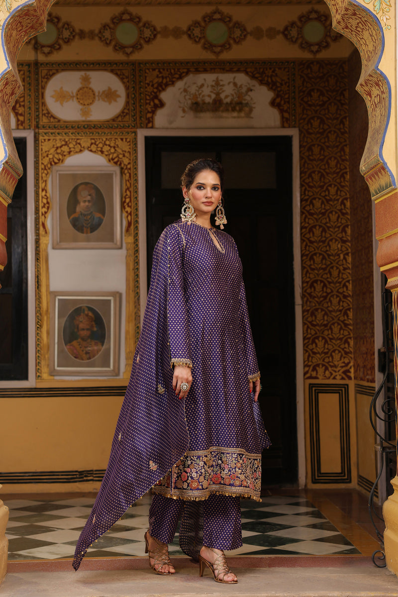 Ahista Purple Printed Mayur Applique Long Kurta Set silk tencel kurta/kurta set by Niti Bothra in purple for women Worldwide