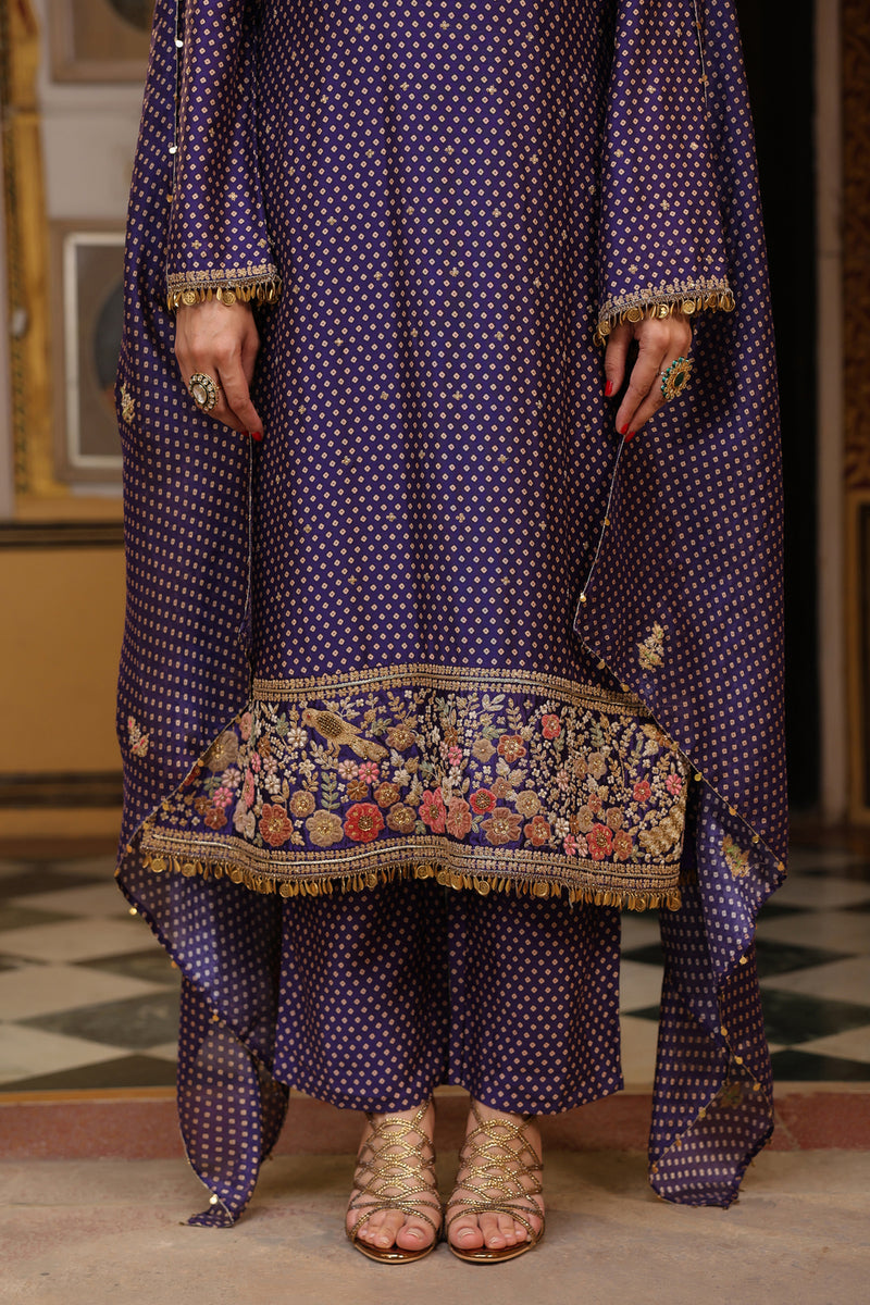 Ahista Purple Printed Mayur Applique Long Kurta Set silk tencel kurta/kurta set by Niti Bothra in purple for women Worldwide