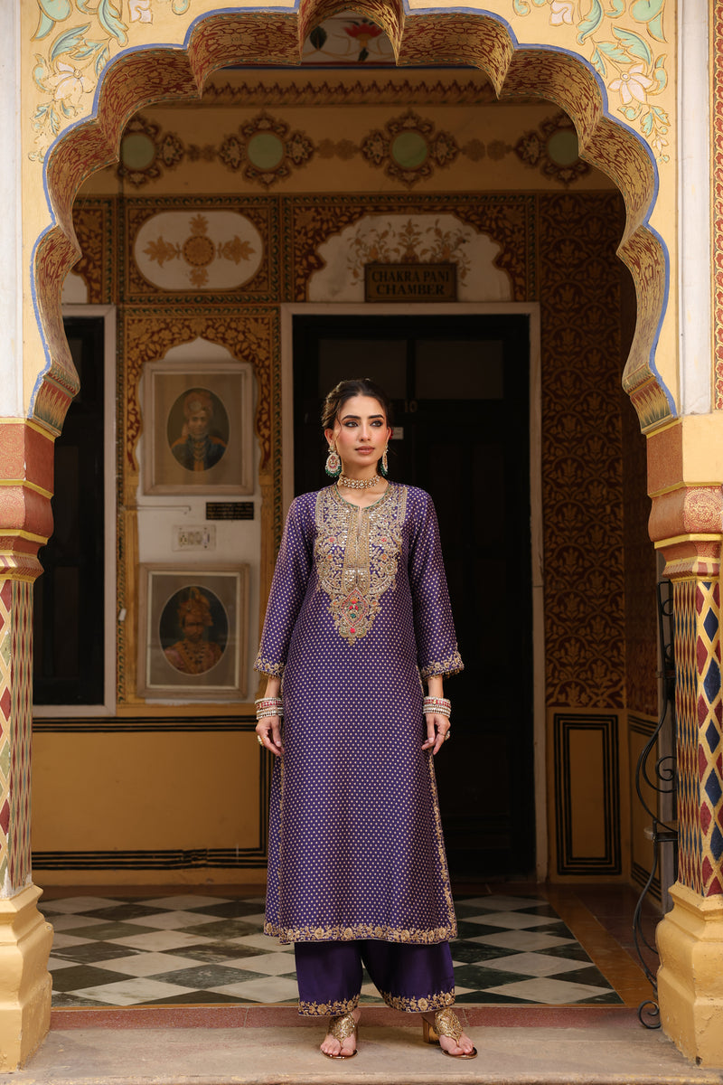 Ahista Purple Printed Pakhi Yoke Heavy Straight Kurta Set silk tencel kurta/kurta set by Niti Bothra in purple for women Worldwide