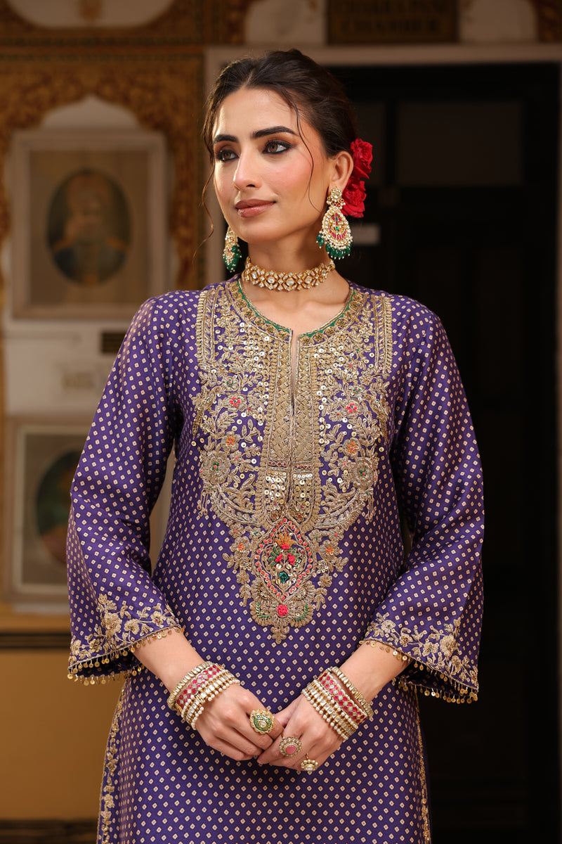 Ahista Purple Printed Pakhi Yoke Heavy Straight Kurta Set silk tencel kurta/kurta set by Niti Bothra in purple for women Worldwide