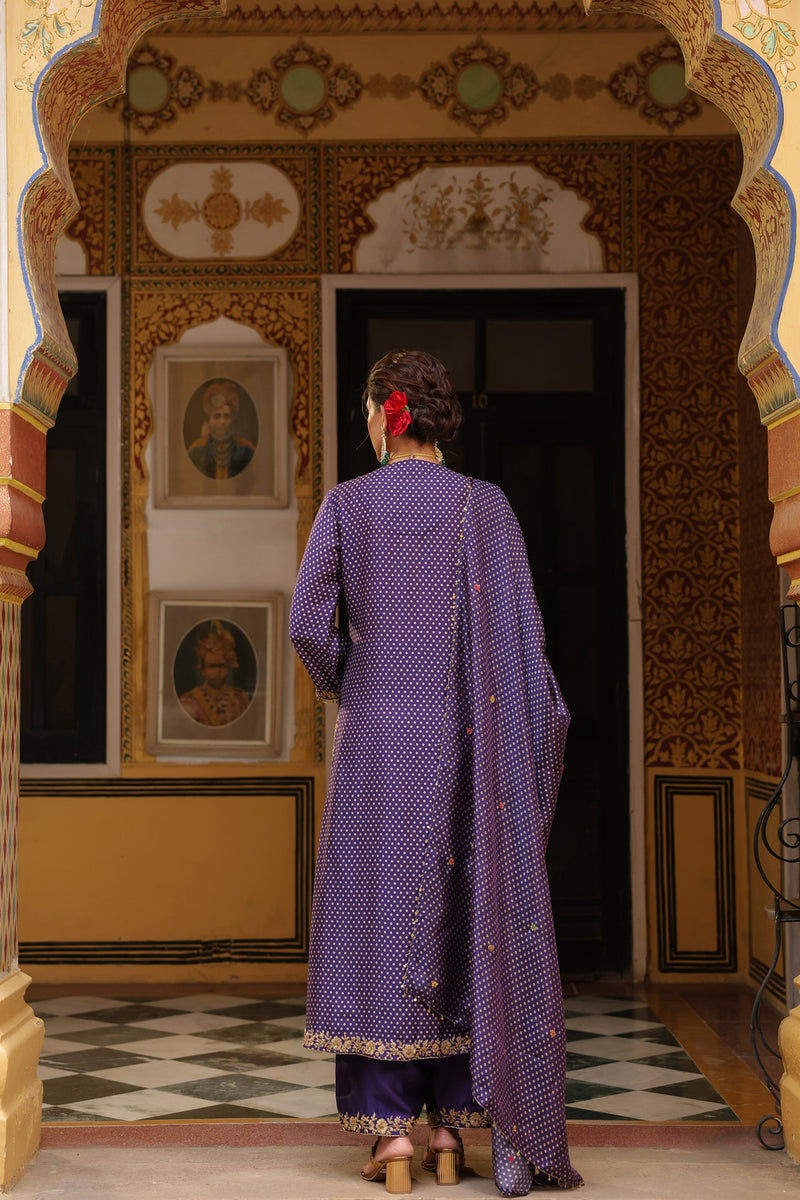 Ahista Purple Printed Pakhi Yoke Heavy Straight Kurta Set silk tencel kurta/kurta set by Niti Bothra in purple for women Worldwide