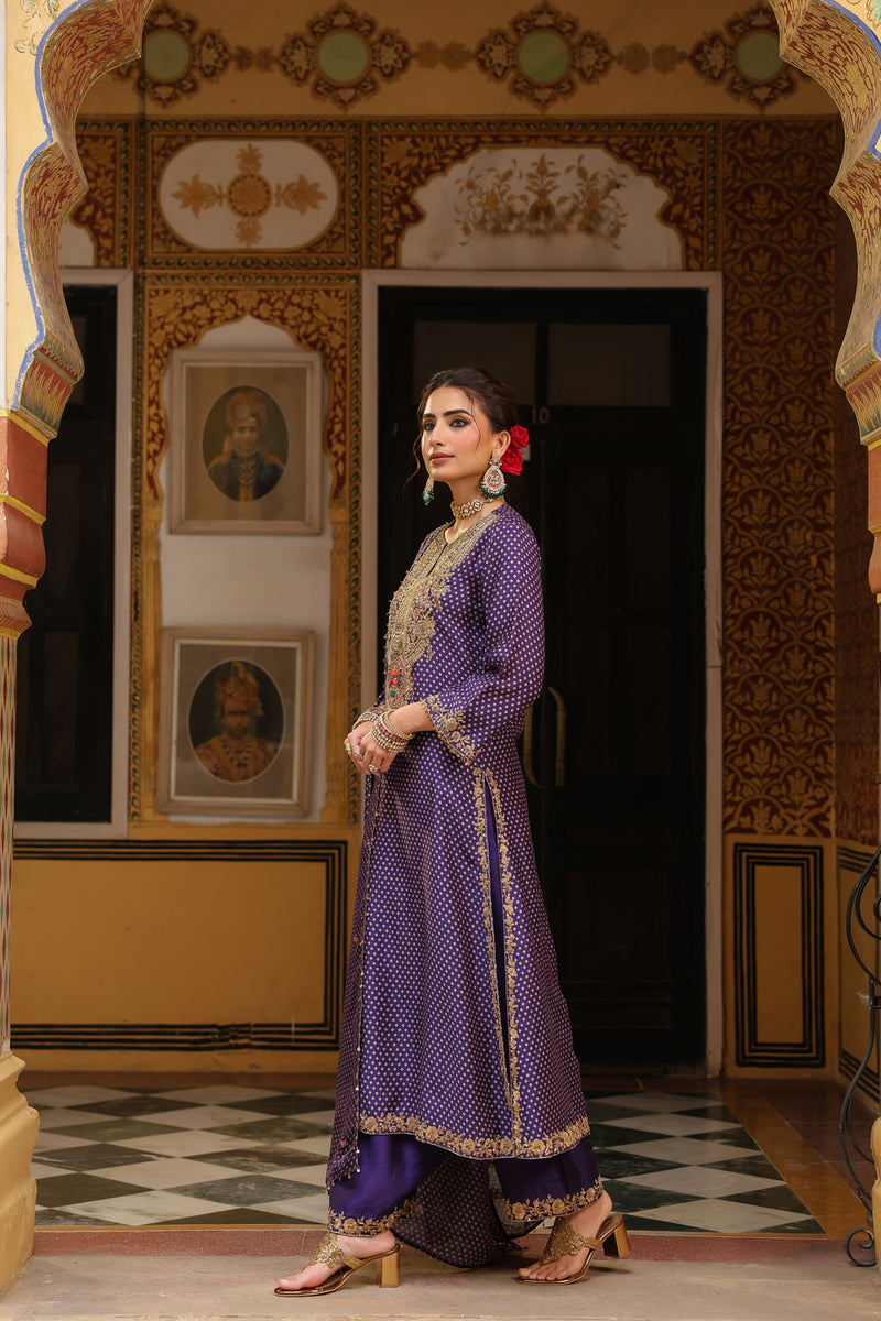 Ahista Purple Printed Pakhi Yoke Heavy Straight Kurta Set silk tencel kurta/kurta set by Niti Bothra in purple for women Worldwide