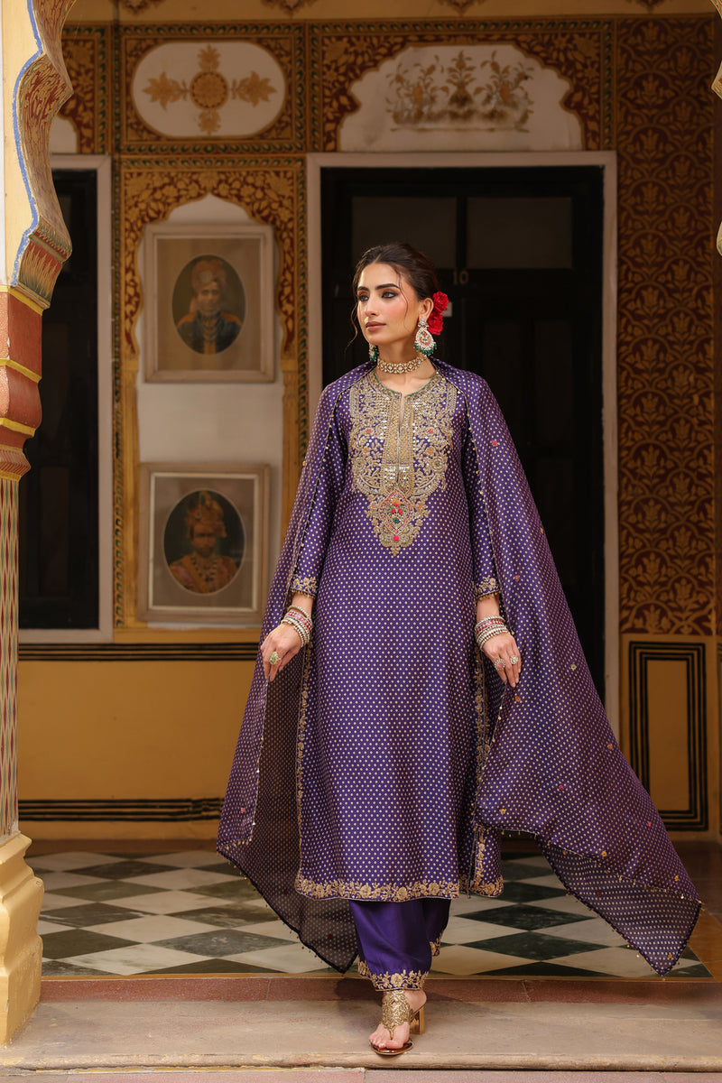 Ahista Purple Printed Pakhi Yoke Heavy Straight Kurta Set silk tencel kurta/kurta set by Niti Bothra in purple for women Worldwide