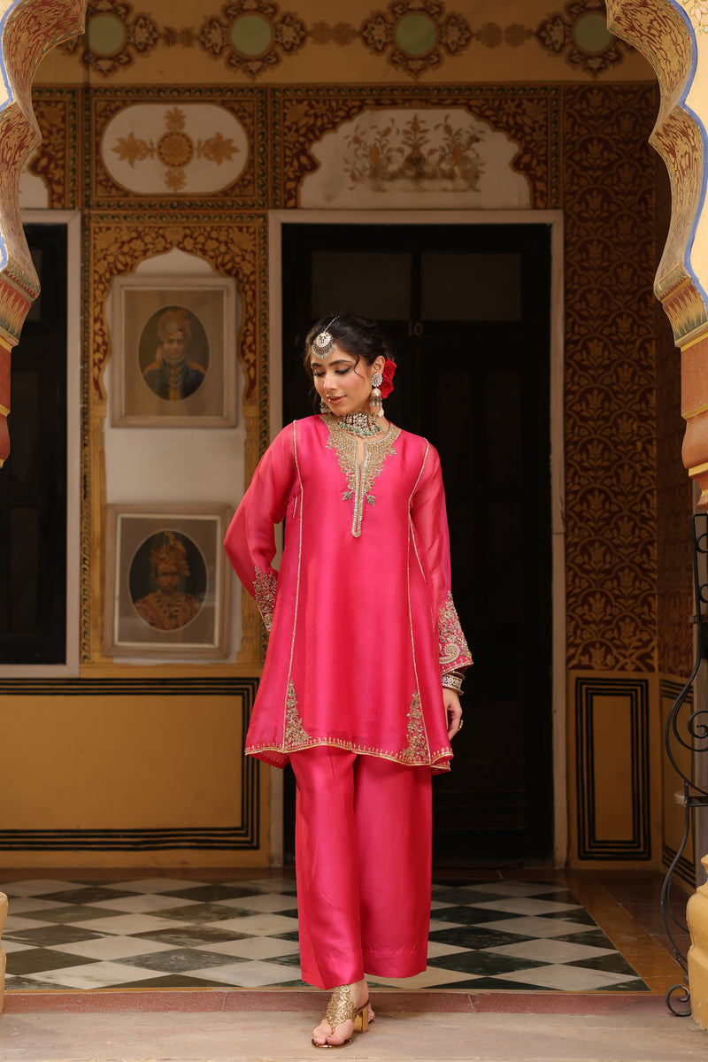 Ahista Pink Pheran Short Kurta Set organza kurta/kurta set by Niti Bothra in pink for women Worldwide