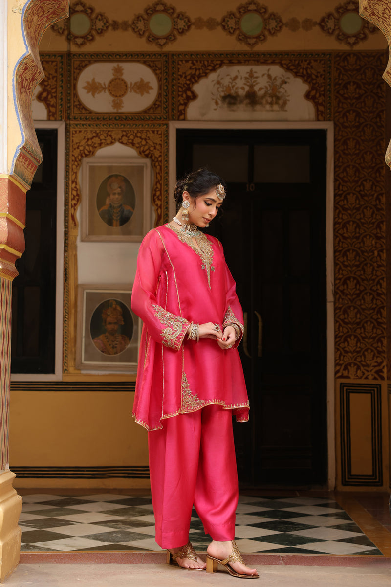 Ahista Pink Pheran Short Kurta Set organza kurta/kurta set by Niti Bothra in pink for women Worldwide