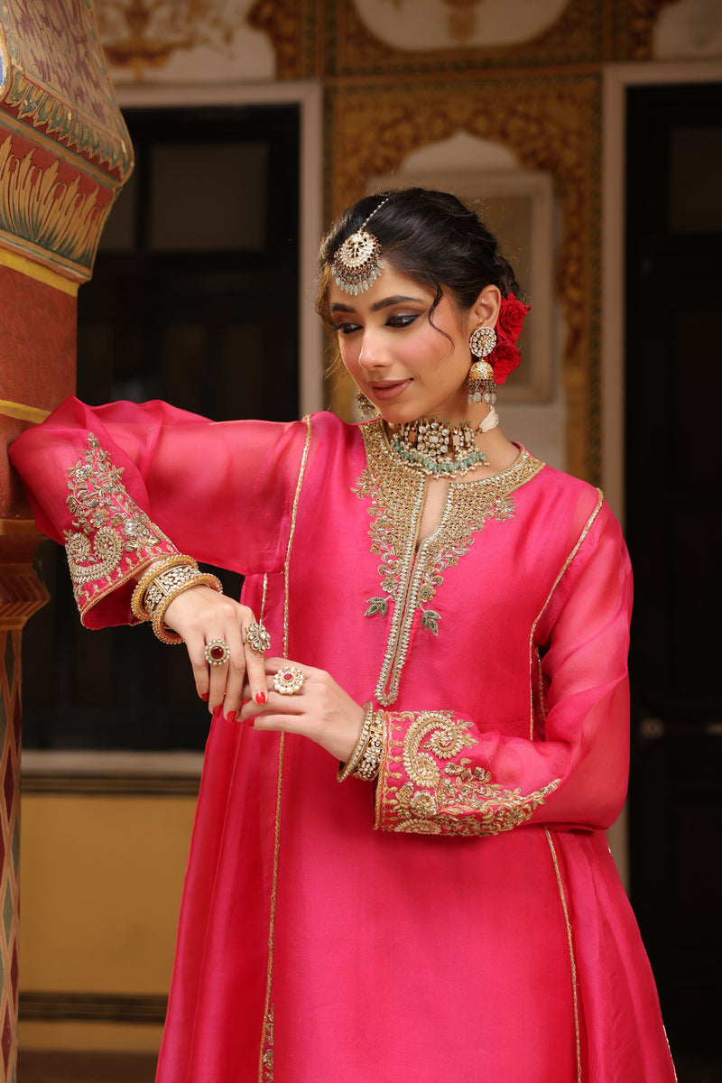 Ahista Pink Pheran Short Kurta Set organza kurta/kurta set by Niti Bothra in pink for women Worldwide