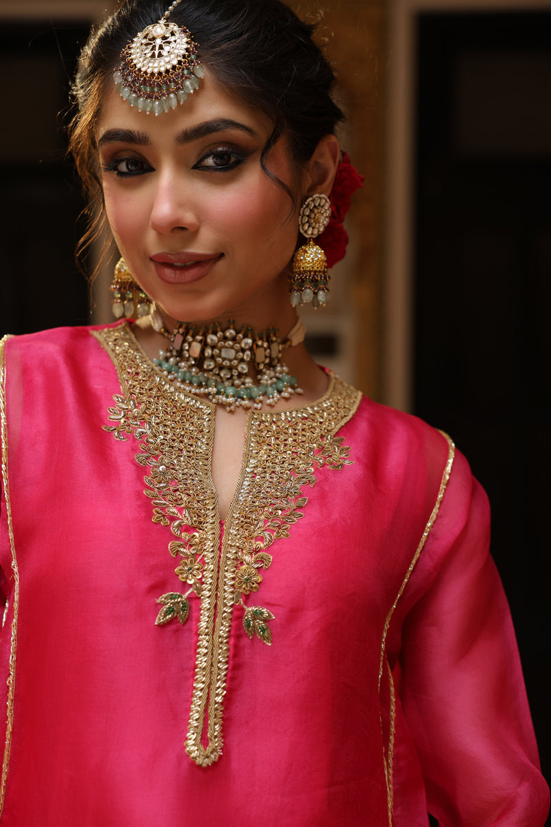 Ahista Pink Pheran Short Kurta Set organza kurta/kurta set by Niti Bothra in pink for women Worldwide