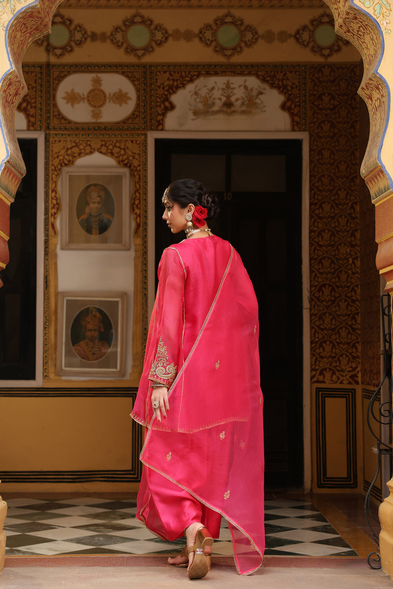Ahista Pink Pheran Short Kurta Set organza kurta/kurta set by Niti Bothra in pink for women Worldwide