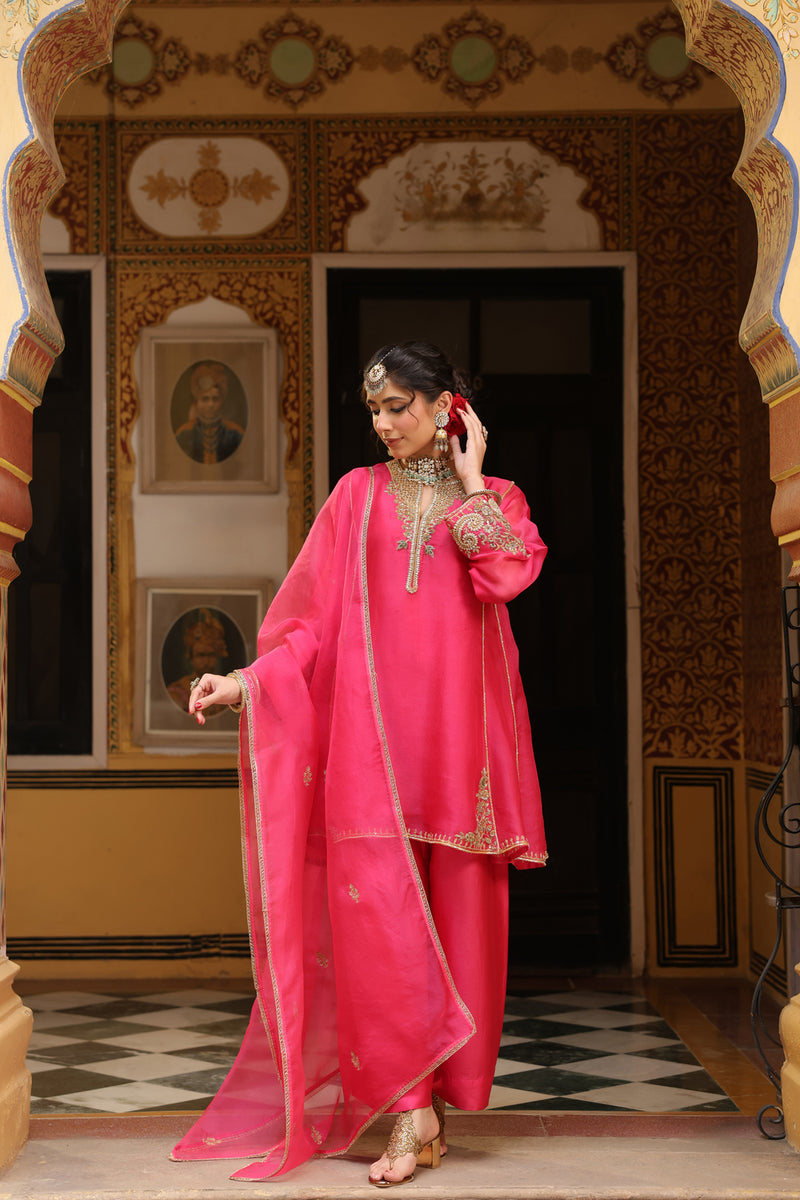 Ahista Pink Pheran Short Kurta Set organza kurta/kurta set by Niti Bothra in pink for women Worldwide