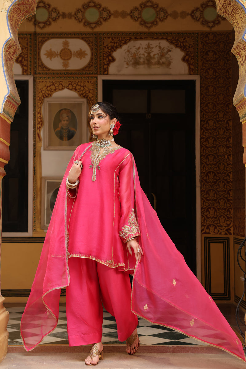 Ahista Pink Pheran Short Kurta Set organza kurta/kurta set by Niti Bothra in pink for women Worldwide