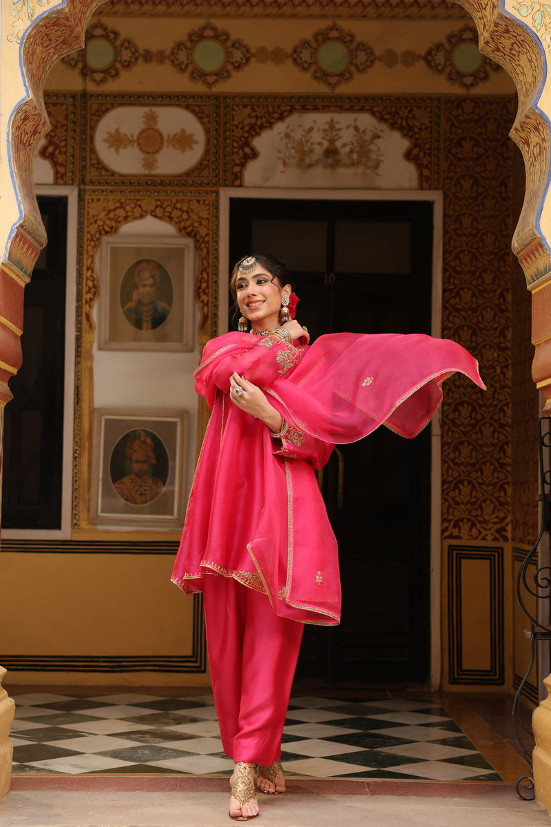 Ahista Pink Pheran Short Kurta Set organza kurta/kurta set by Niti Bothra in pink for women Worldwide