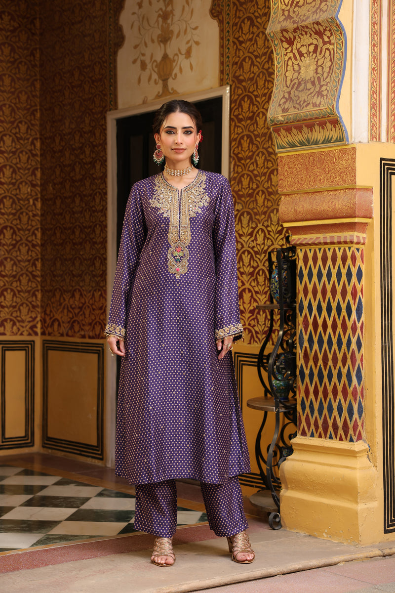 Ahista Purple Printed Pakhi Yoke Straight Kurta Set silk tencel kurta/kurta set by Niti Bothra in purple for women Worldwide