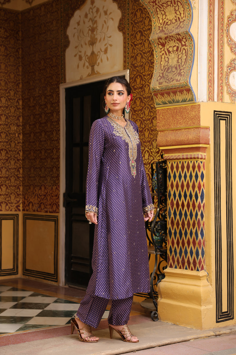 Ahista Purple Printed Pakhi Yoke Straight Kurta Set silk tencel kurta/kurta set by Niti Bothra in purple for women Worldwide