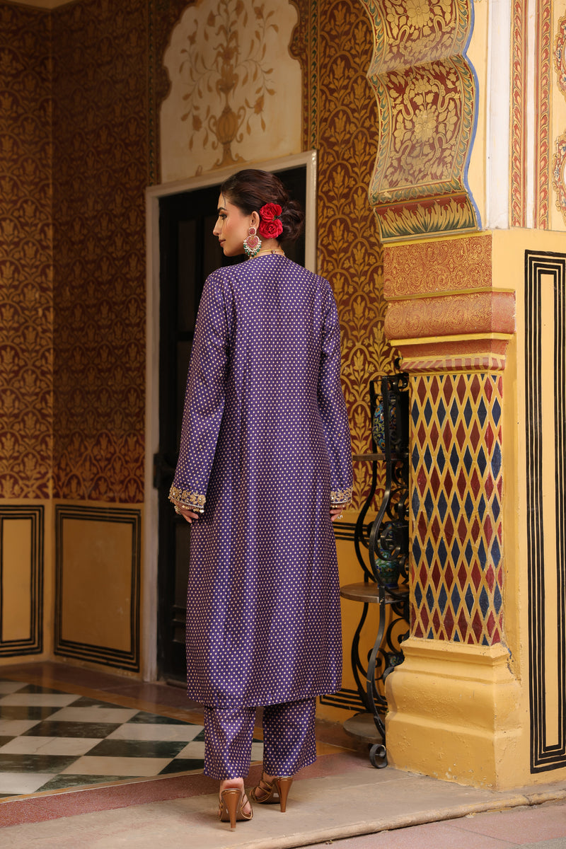Ahista Purple Printed Pakhi Yoke Straight Kurta Set silk tencel kurta/kurta set by Niti Bothra in purple for women Worldwide