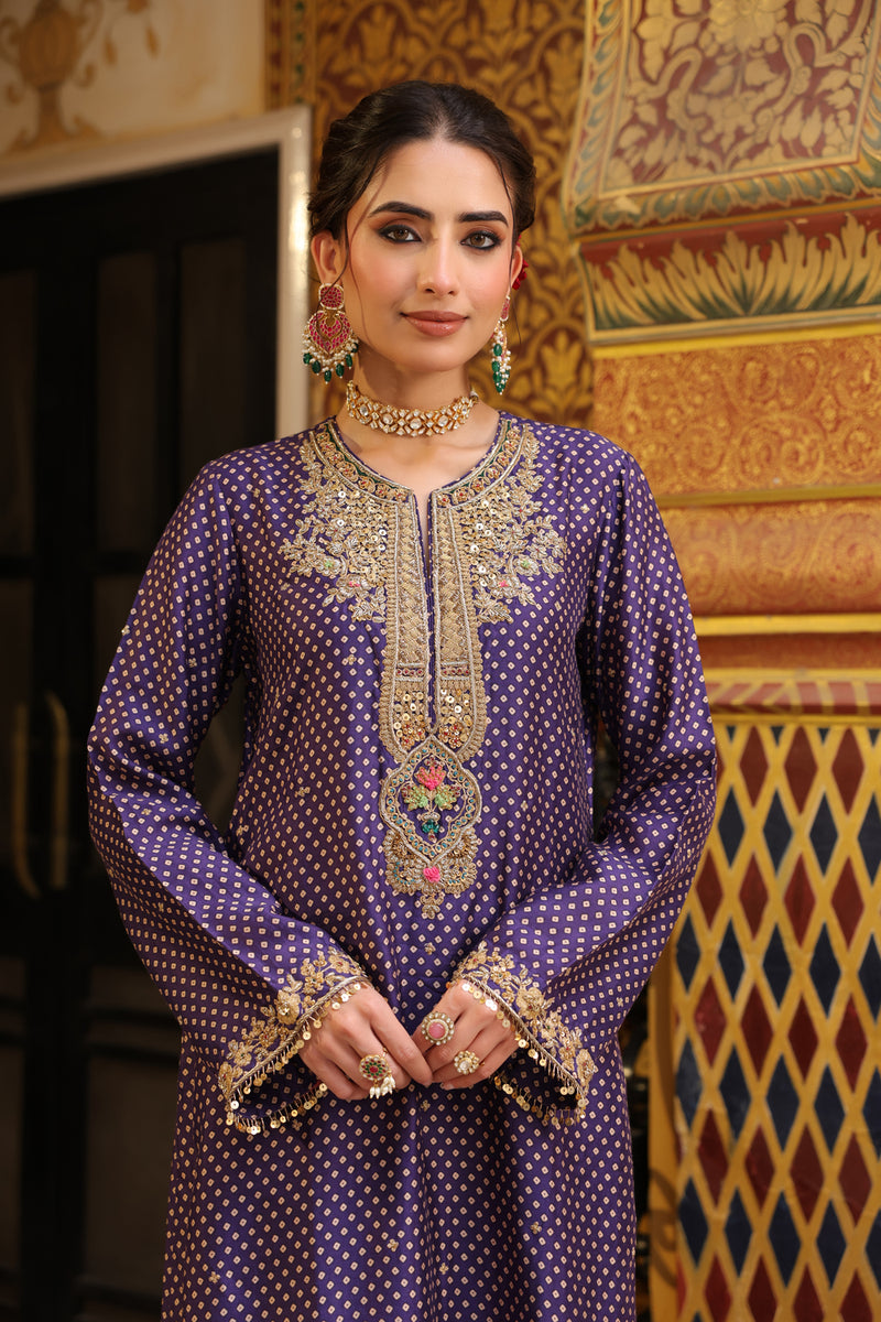 Ahista Purple Printed Pakhi Yoke Straight Kurta Set silk tencel kurta/kurta set by Niti Bothra in purple for women Worldwide