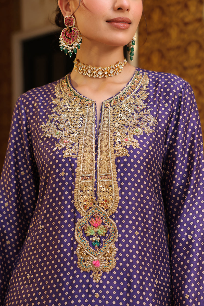 Ahista Purple Printed Pakhi Yoke Straight Kurta Set silk tencel kurta/kurta set by Niti Bothra in purple for women Worldwide