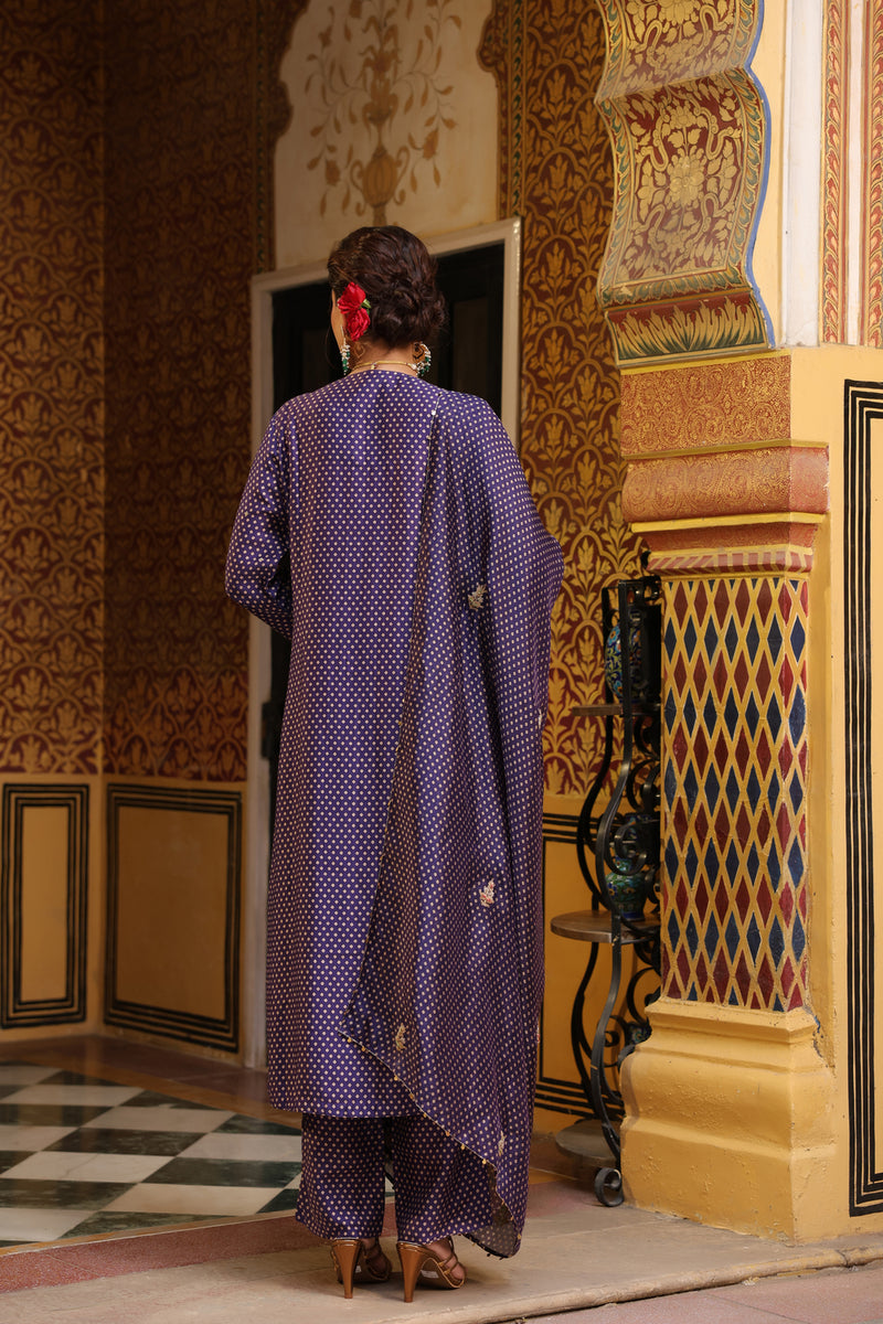 Ahista Purple Printed Pakhi Yoke Straight Kurta Set silk tencel kurta/kurta set by Niti Bothra in purple for women Worldwide