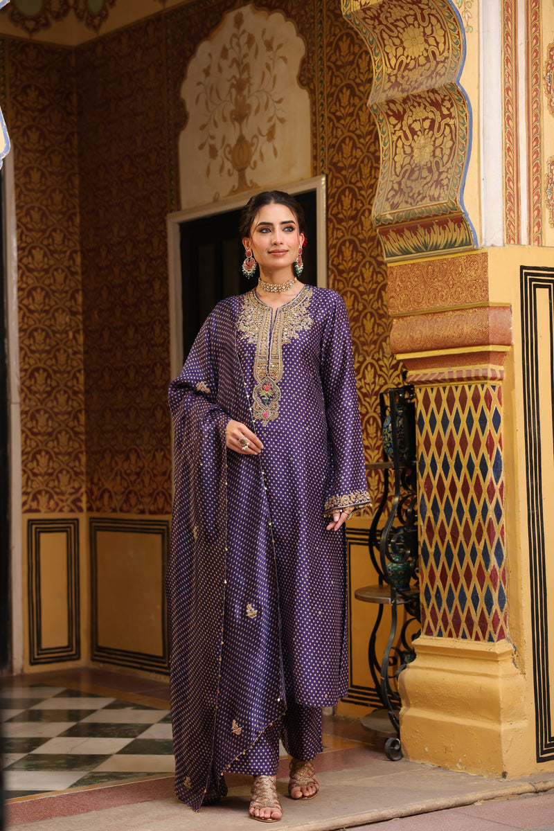 Ahista Purple Printed Pakhi Yoke Straight Kurta Set silk tencel kurta/kurta set by Niti Bothra in purple for women Worldwide