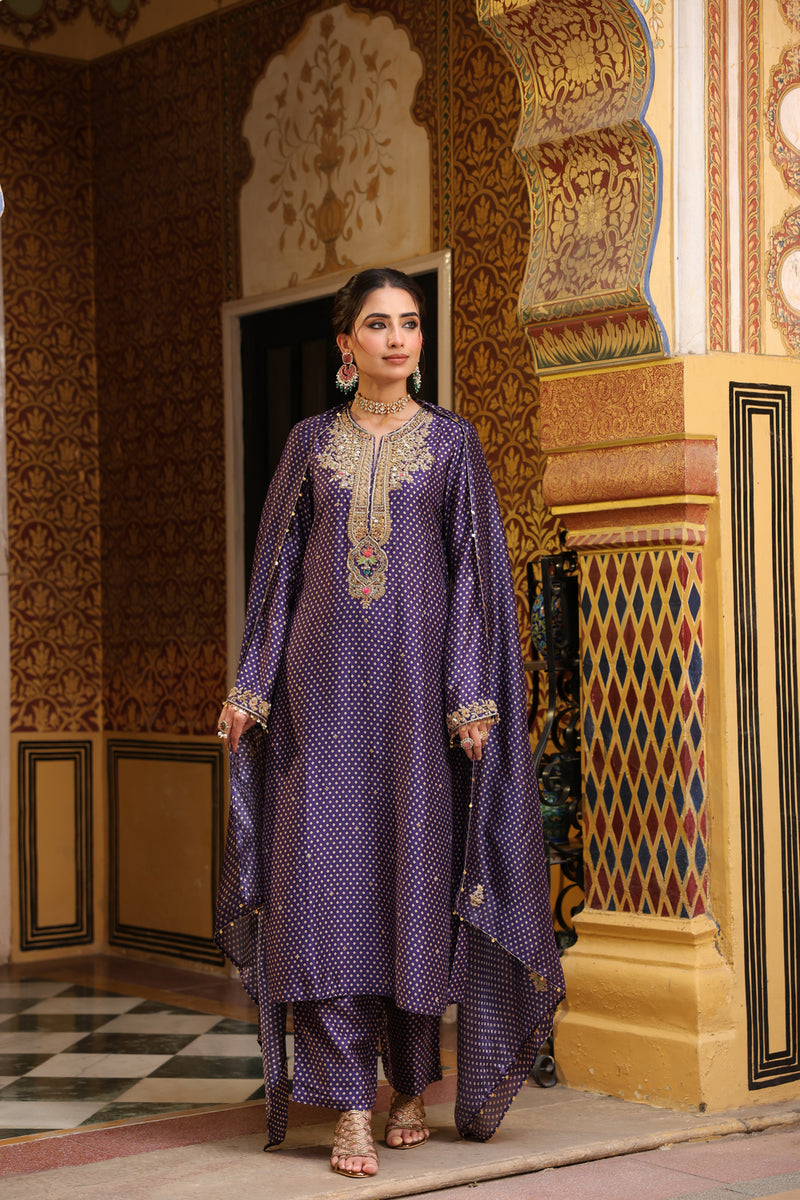 Ahista Purple Printed Pakhi Yoke Straight Kurta Set silk tencel kurta/kurta set by Niti Bothra in purple for women Worldwide