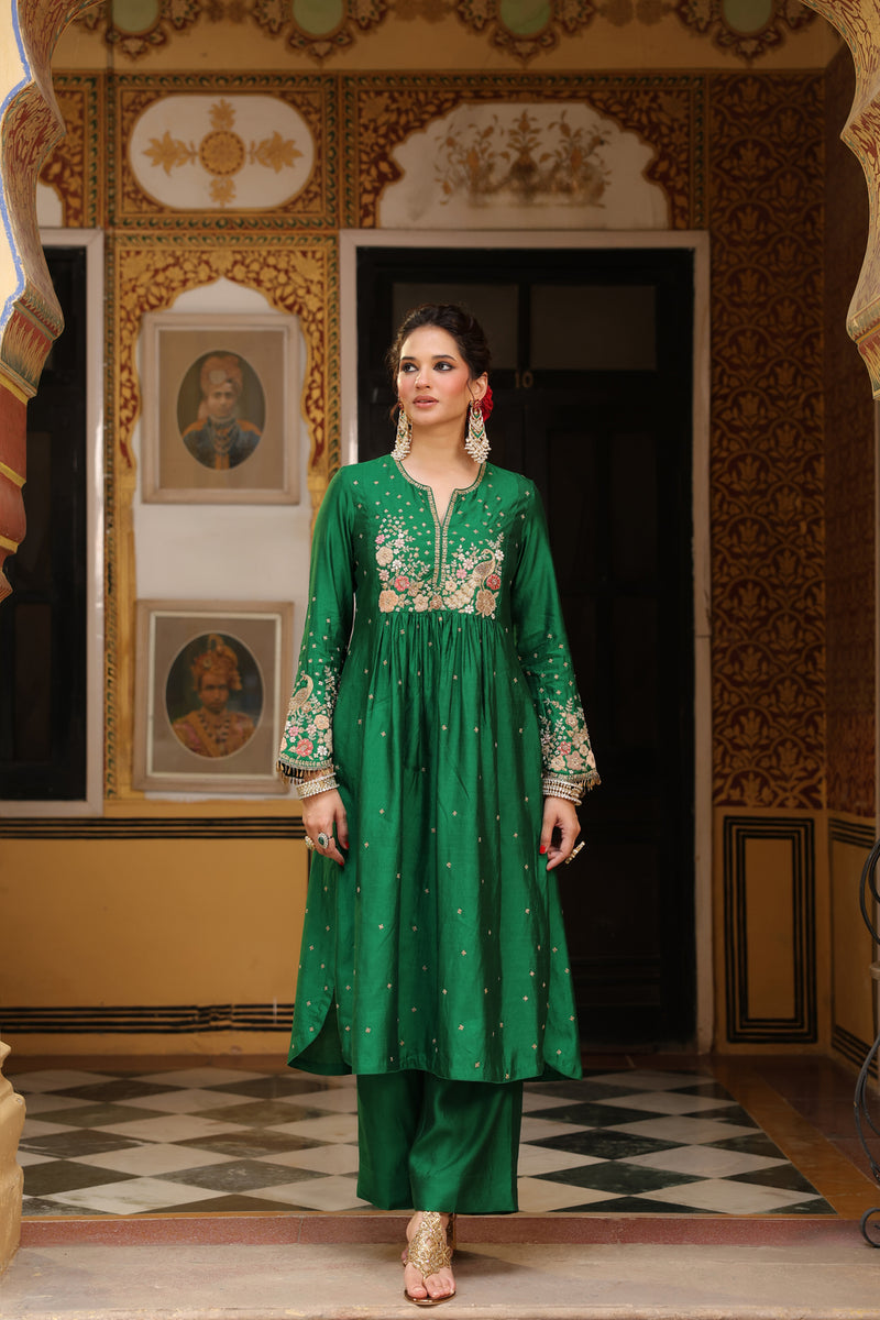 Ahista Green Mayur Applique Frockstyle Kurta Set silk tencel kurta/kurta set by Niti Bothra in green for women Worldwide