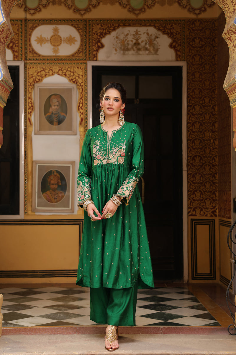 Ahista Green Mayur Applique Frockstyle Kurta Set silk tencel kurta/kurta set by Niti Bothra in green for women Worldwide