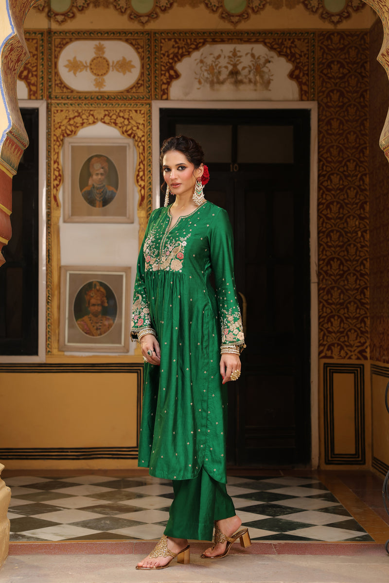 Ahista Green Mayur Applique Frockstyle Kurta Set silk tencel kurta/kurta set by Niti Bothra in green for women Worldwide