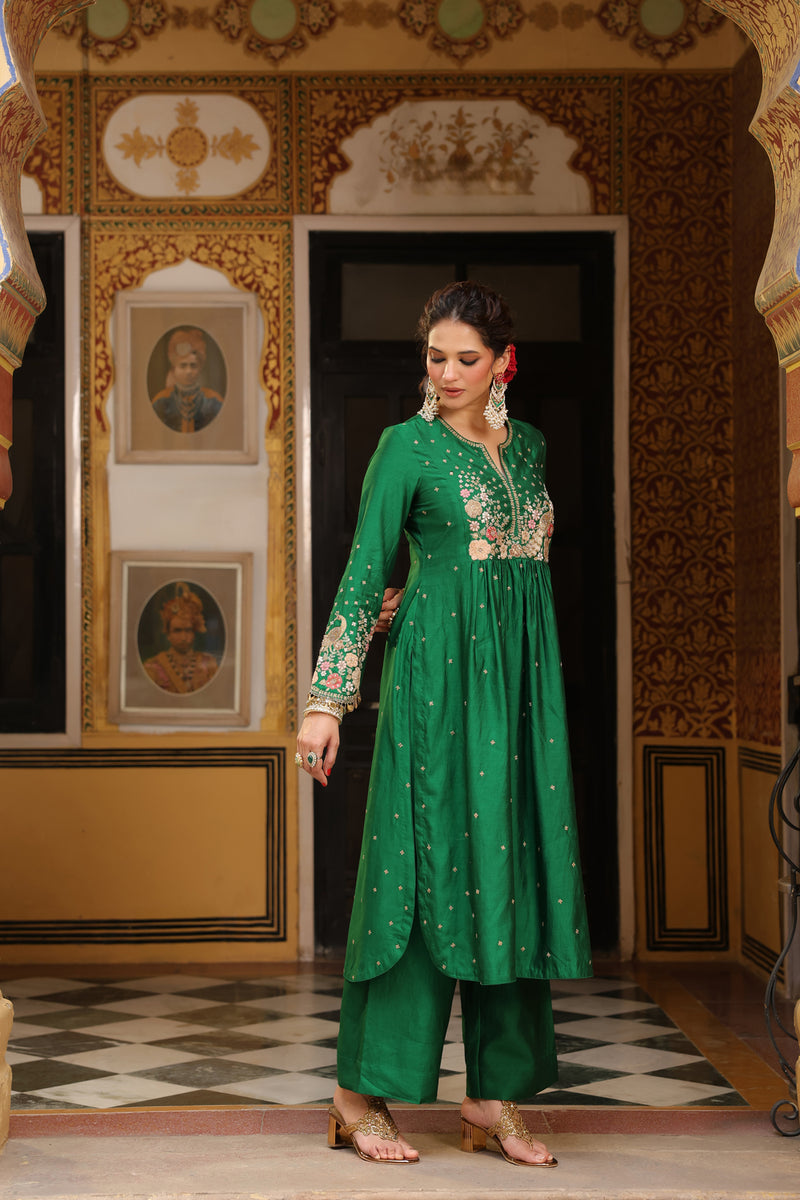 Ahista Green Mayur Applique Frockstyle Kurta Set silk tencel kurta/kurta set by Niti Bothra in green for women Worldwide