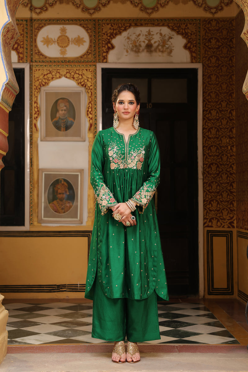 Ahista Green Mayur Applique Frockstyle Kurta Set silk tencel kurta/kurta set by Niti Bothra in green for women Worldwide