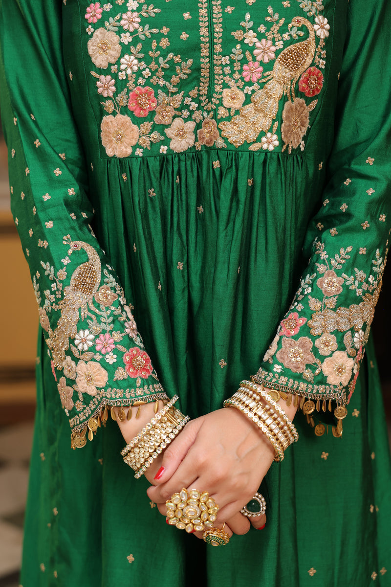 Ahista Green Mayur Applique Frockstyle Kurta Set silk tencel kurta/kurta set by Niti Bothra in green for women Worldwide