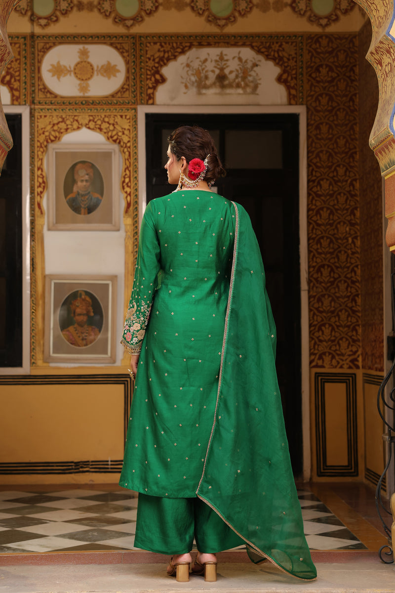 Ahista Green Mayur Applique Frockstyle Kurta Set silk tencel kurta/kurta set by Niti Bothra in green for women Worldwide