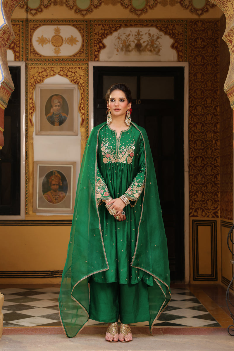 Ahista Green Mayur Applique Frockstyle Kurta Set silk tencel kurta/kurta set by Niti Bothra in green for women Worldwide
