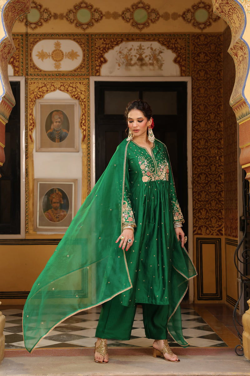 Ahista Green Mayur Applique Frockstyle Kurta Set silk tencel kurta/kurta set by Niti Bothra in green for women Worldwide
