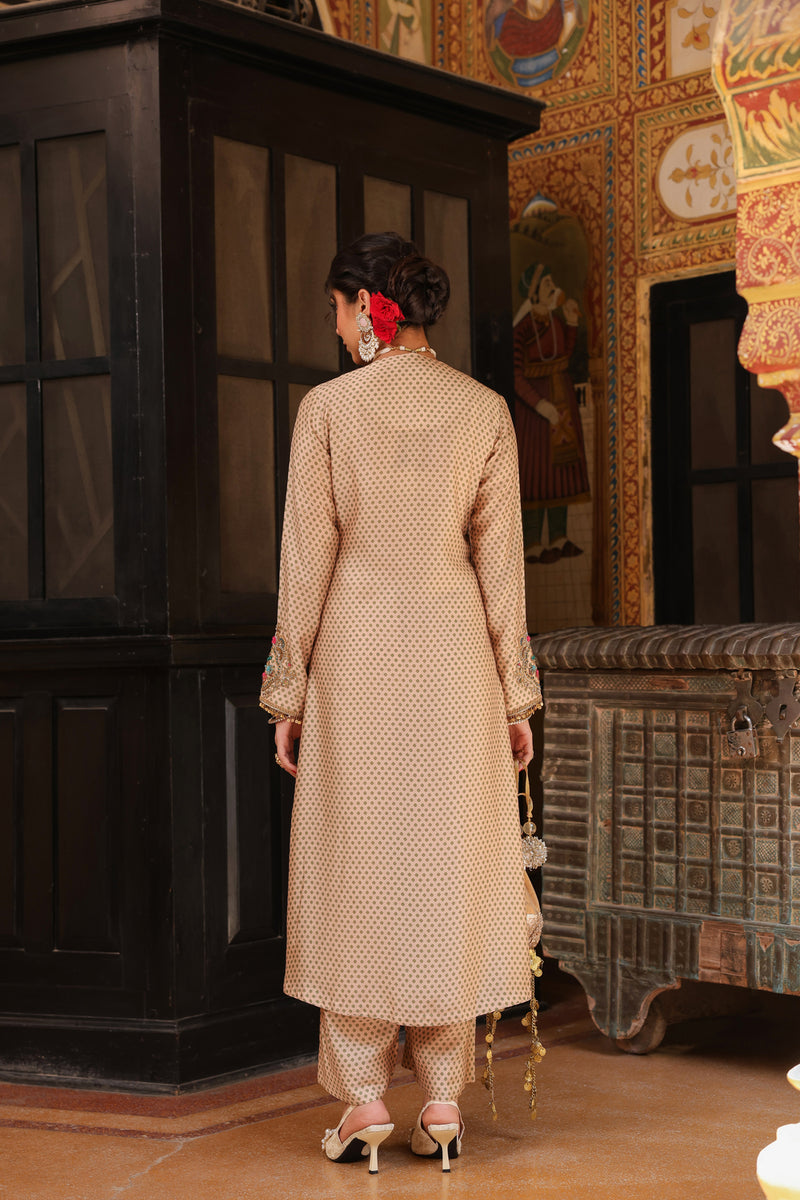 Ahista Ivory Printed Frockstyle Kurta Set silk tencel kurta/kurta set by Niti Bothra in ivory for women Worldwide