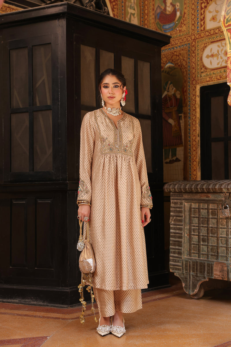 Ahista Ivory Printed Frockstyle Kurta Set silk tencel kurta/kurta set by Niti Bothra in ivory for women Worldwide