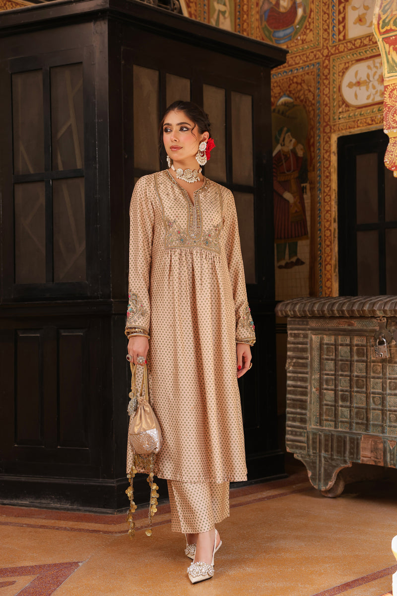 Ahista Ivory Printed Frockstyle Kurta Set silk tencel kurta/kurta set by Niti Bothra in ivory for women Worldwide