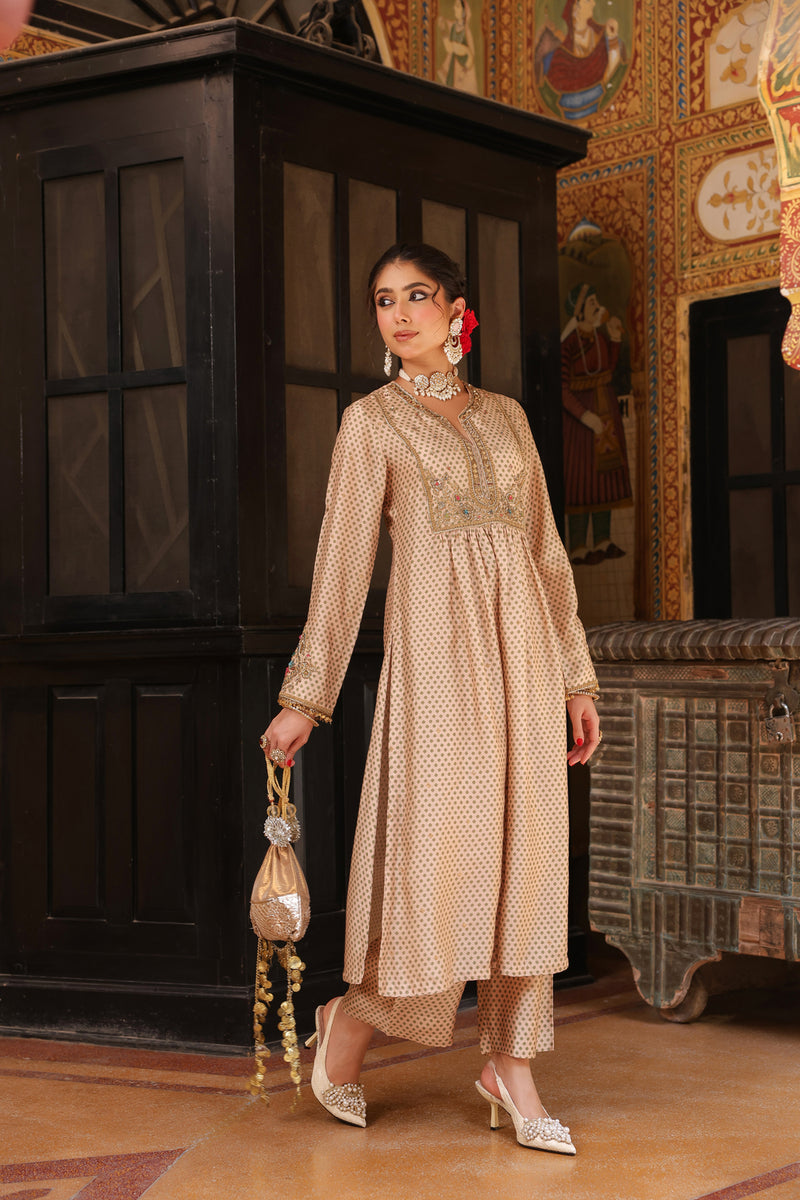 Ahista Ivory Printed Frockstyle Kurta Set silk tencel kurta/kurta set by Niti Bothra in ivory for women Worldwide