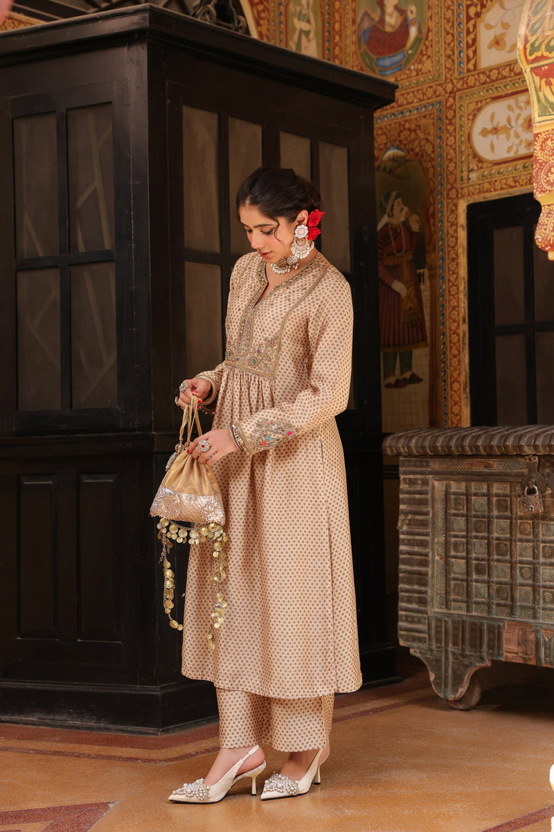 Ahista Ivory Printed Frockstyle Kurta Set silk tencel kurta/kurta set by Niti Bothra in ivory for women Worldwide
