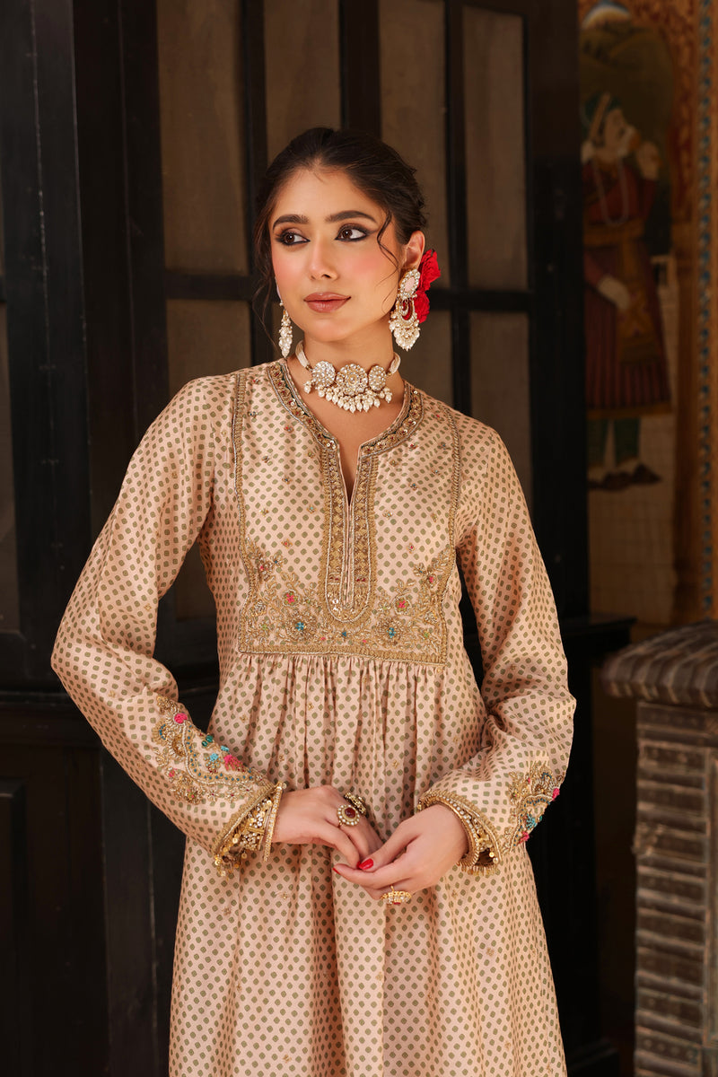 Ahista Ivory Printed Frockstyle Kurta Set silk tencel kurta/kurta set by Niti Bothra in ivory for women Worldwide