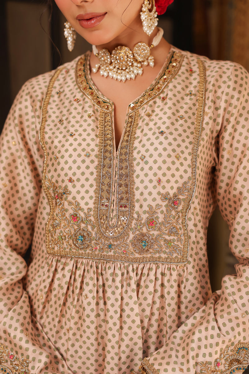 Ahista Ivory Printed Frockstyle Kurta Set silk tencel kurta/kurta set by Niti Bothra in ivory for women Worldwide