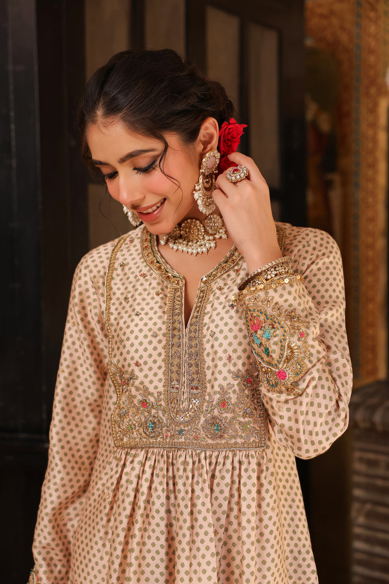 Ahista Ivory Printed Frockstyle Kurta Set silk tencel kurta/kurta set by Niti Bothra in ivory for women Worldwide