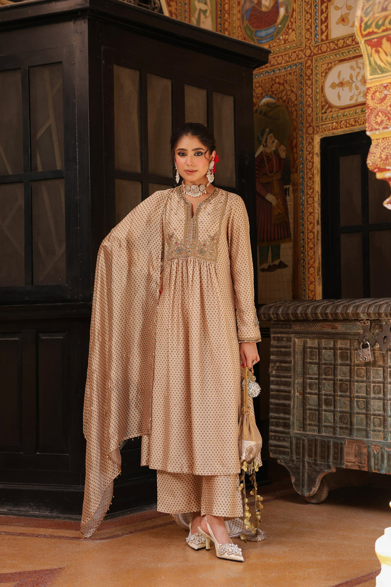 Ahista Ivory Printed Frockstyle Kurta Set silk tencel kurta/kurta set by Niti Bothra in ivory for women Worldwide