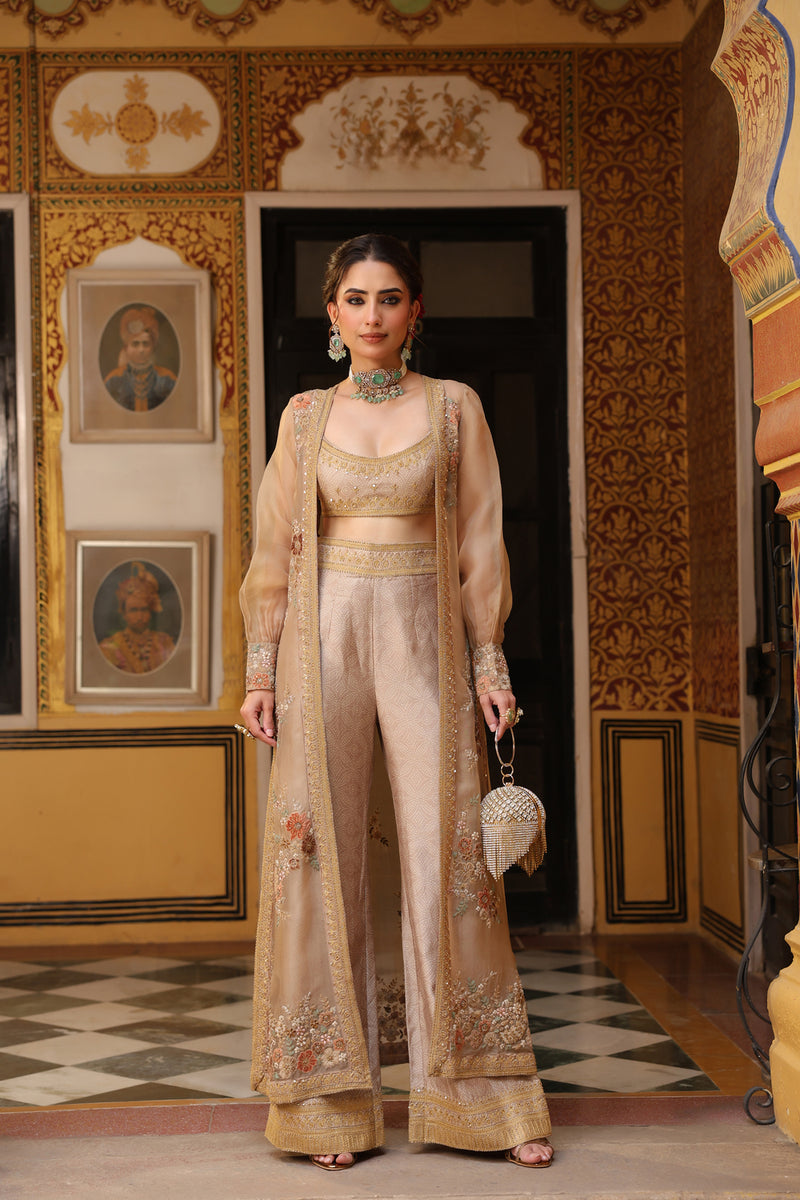 Ahista Ivory Cape Set silk tencel & organza kurta/kurta set by Niti Bothra in ivory for women Worldwide
