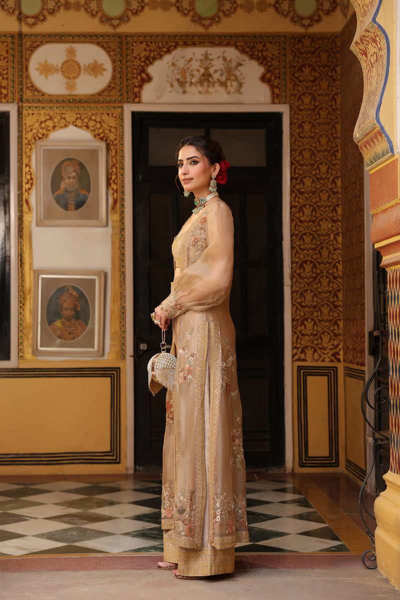 Ahista Ivory Cape Set silk tencel & organza kurta/kurta set by Niti Bothra in ivory for women Worldwide