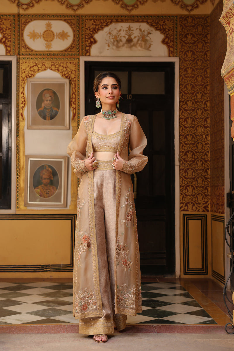 Ahista Ivory Cape Set silk tencel & organza kurta/kurta set by Niti Bothra in ivory for women Worldwide